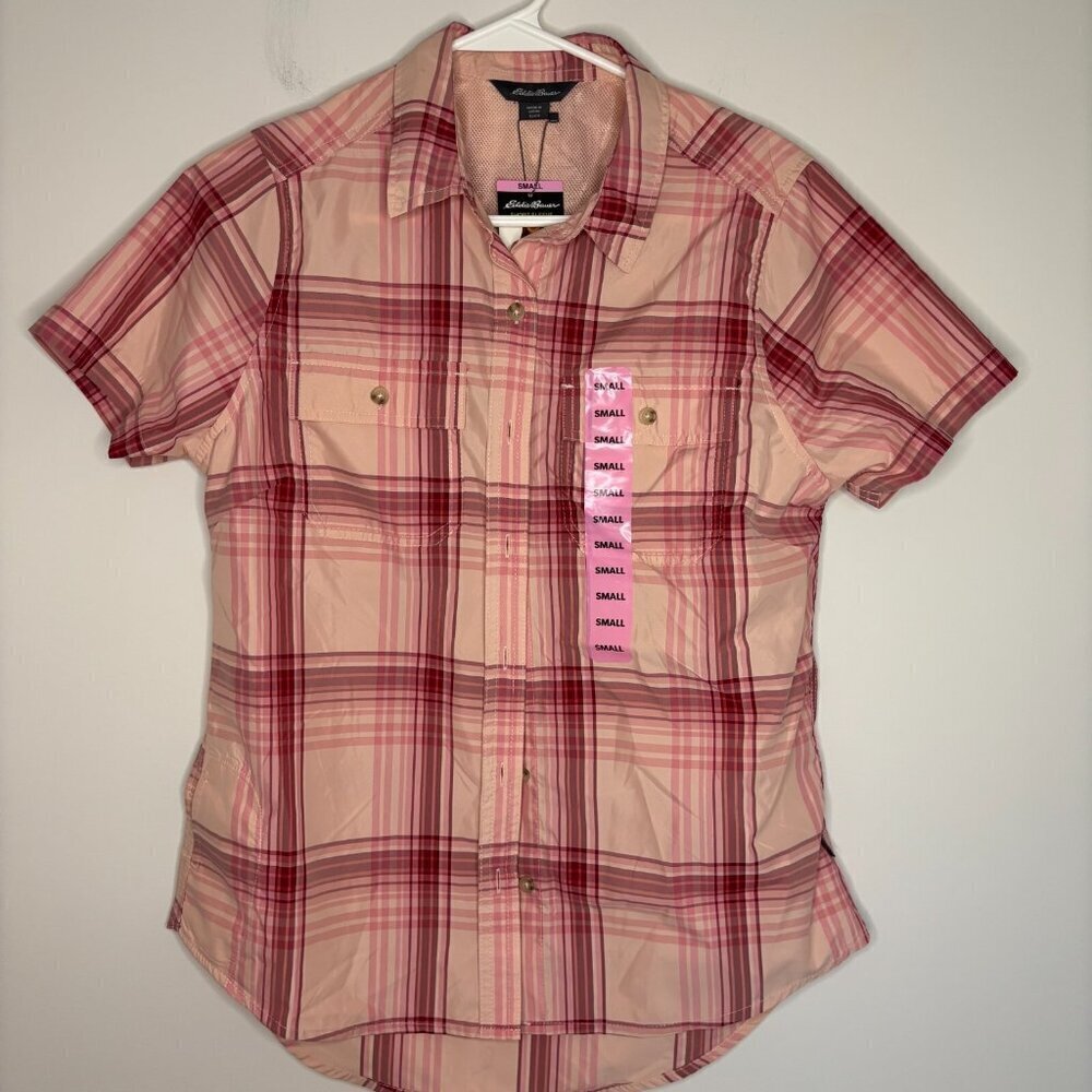 EDDIE BAUER NEW Short Sleeve Adventure Shirt Womens S Pink Plaid Retail $55